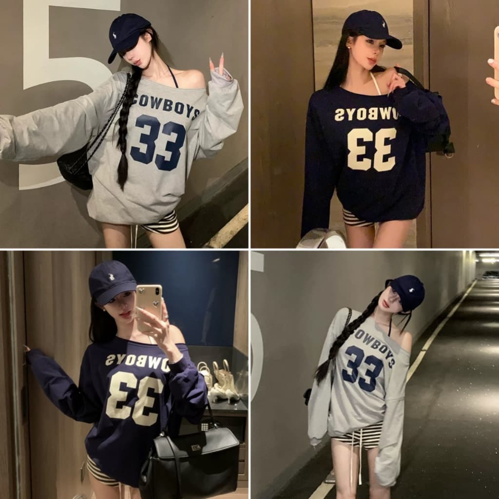 Beryl เสื้อแขนยาวเปิดไหล่สไตล์อเมริกัน เสื้อท็อปสไตล์ย้อนยุคพิมพ์ลายสําหรับผู้หญิง ทรงหลวม สวมใส่สบาย