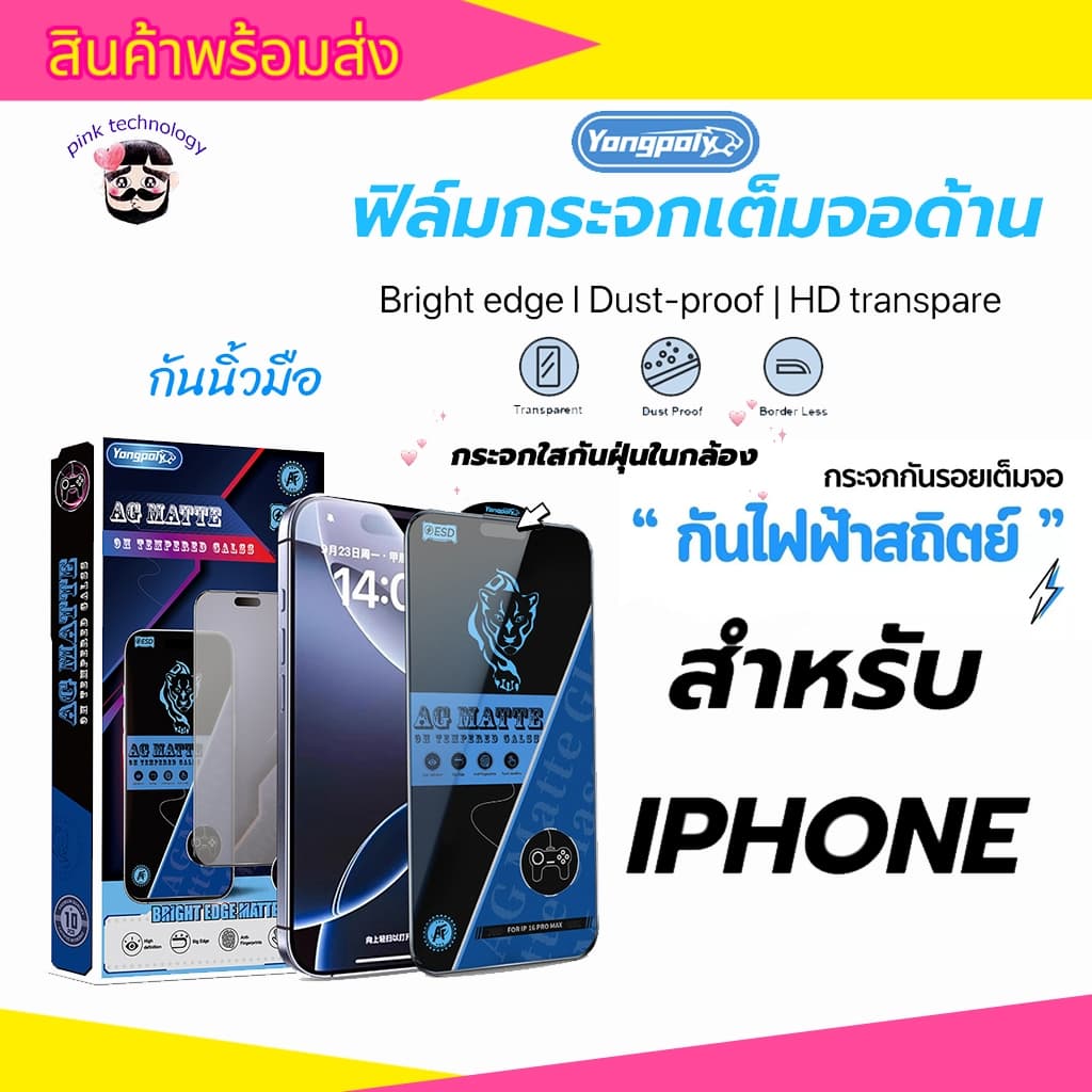 ฟิล์มกระจกเต็มจอด้าน ESD กันไฟฟ้าสถิตย์ กันนิ้วมือ สําหรับ iphone 17PROMAX 16PRO 14PROMAX 13PRO 12 XR 11…
