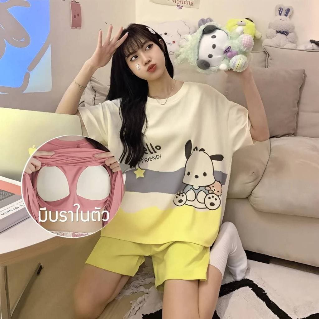 ชุดนอนแขนสั้นขาสั้น มีบรา ชุดนอนการ์ตูน เซตชุดนอน ฟรีไซส์ งานใส่สบาย ผ้านิ่มไม่บาง QE รูปที่ 1