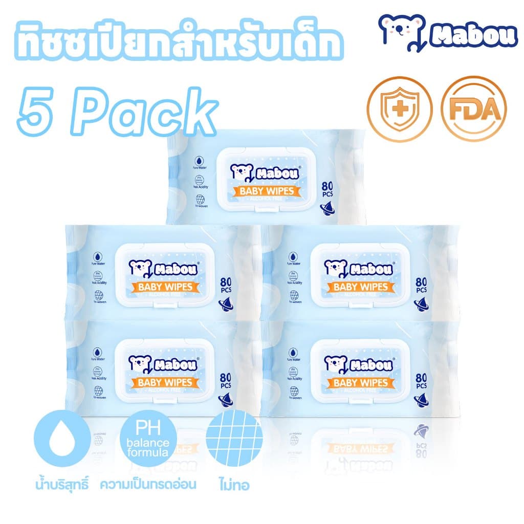 Mabou ผ้าเช็ดทําความสะอาดสําหรับเด็ก สูตรอ่อนโยน Baby Wipes น้ําบริสุทธิ์เกรดอาหาร ทิชชู่เปียก