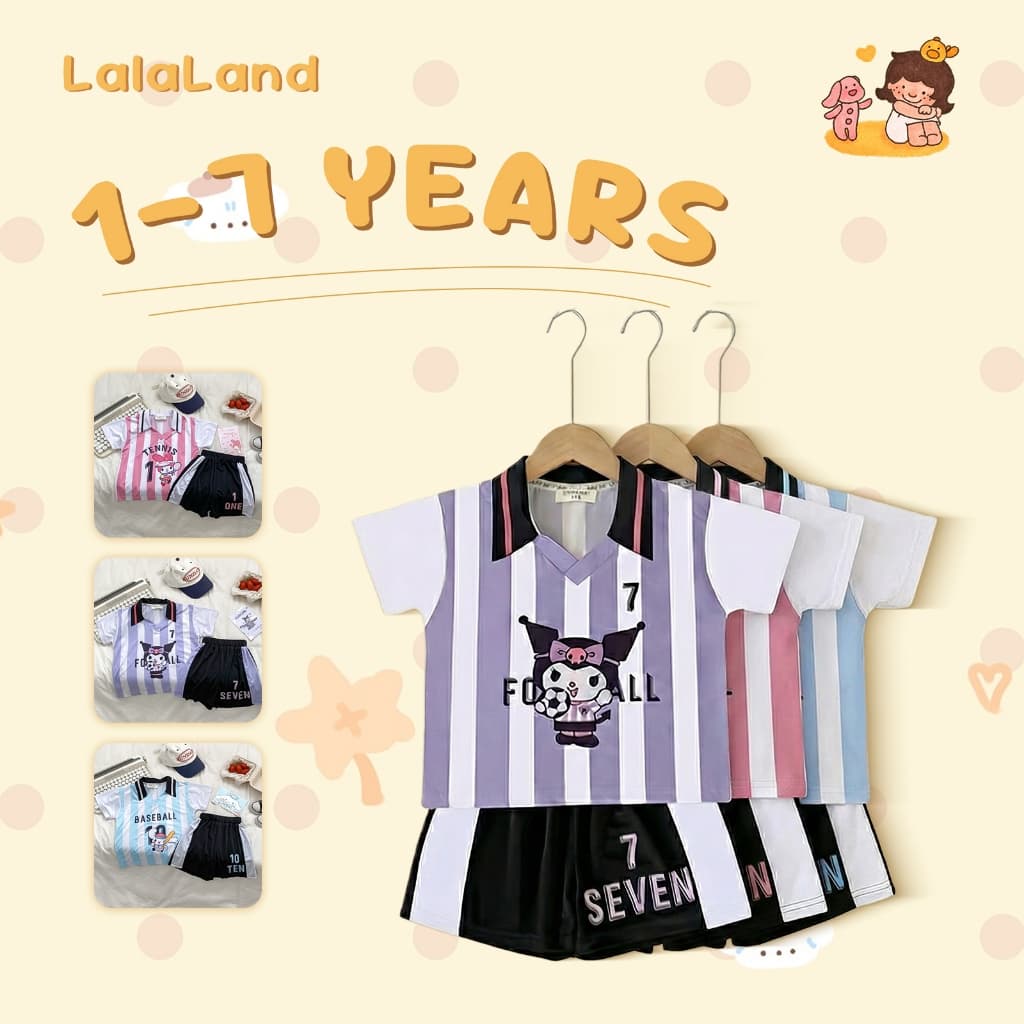 2-12 ปี กางเกงขาสั้นเด็กหญิง+แขนสั้น ลายการ์ตูนสุดน่ารัก เสื้อโปโลคอวี สไตล์นักกีฬา านุ่มใสสบายฯ กางเกงขาสั้น