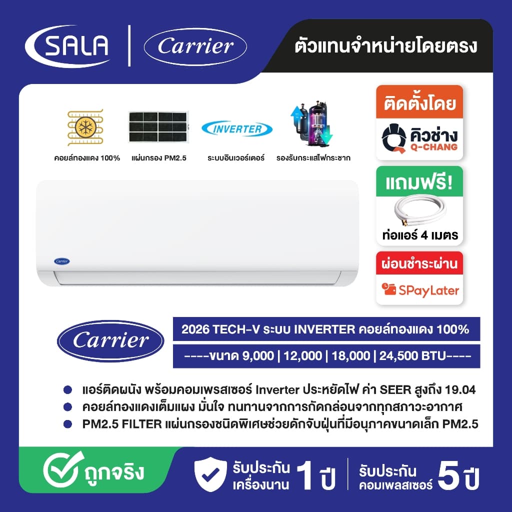 CARRIER เครื่องปรับอากาศ TECH V ระบบ INVERTER คอยล์ทองแดง รุ่น NVAA มีแผ่นกรอง PM2.5