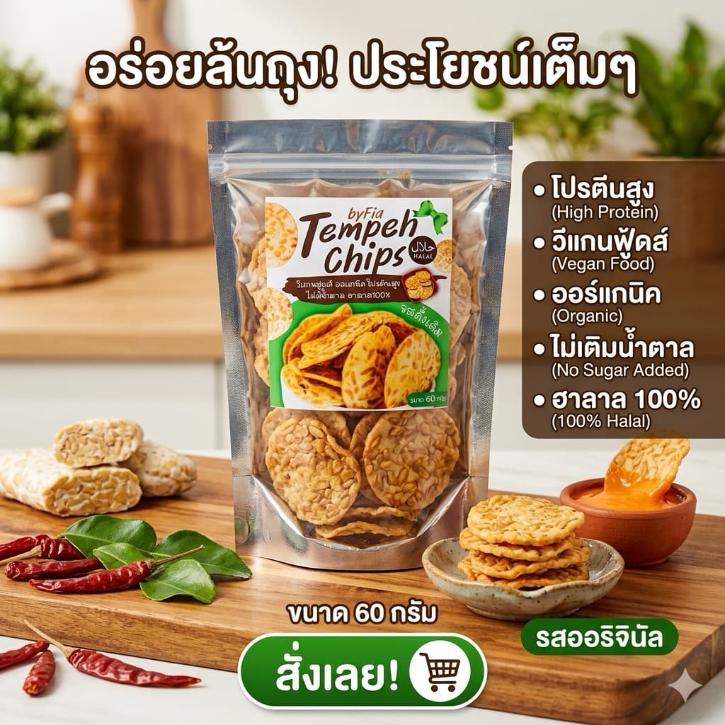 เทมเป้กรอบโปรตีนสูง 60กรัม(ฮาลาล) tempeh chips อร่อยได้ประโยชน์ รูปที่ 1