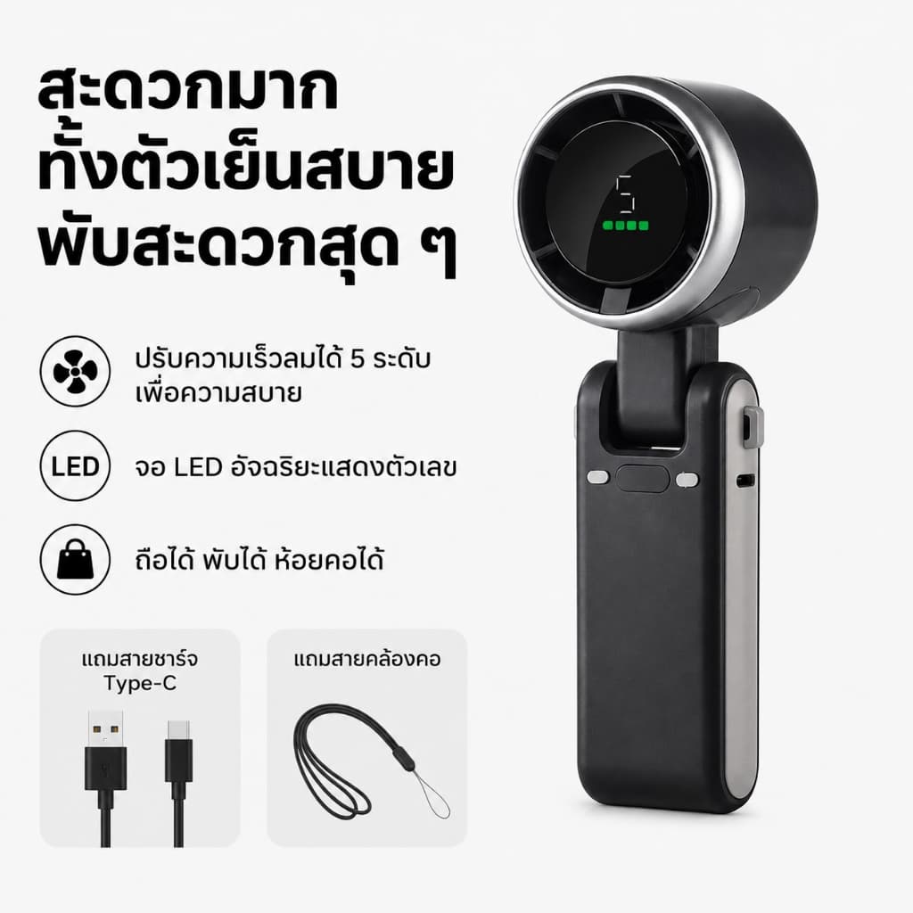 พัดลมพกพา พับได้180° 5ระดับ ลมแรง พัดลมมือถือ เงียบ แบตใหญ่ยิ่ง จอLED 3in1 นักเรียนเดินช้อป รถไฟฟ้า ไอเท็มเด็