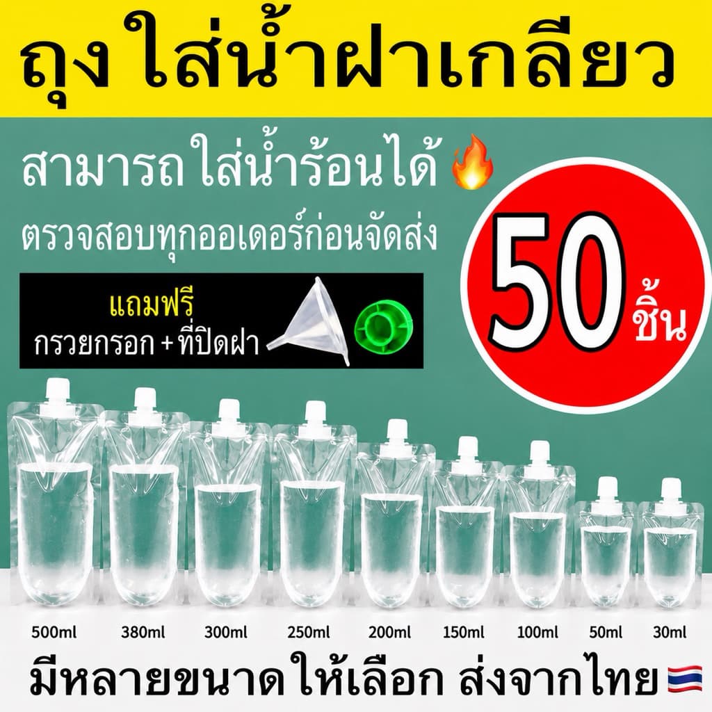 (50 ใบ) ถุงฝาเกลียว ก้นตั้งได้ ถุงใส่น้ํา ถุงใส่น้ําจิ้ม ใส่เยลลี่ กรวยกรอก + ฝาปิด