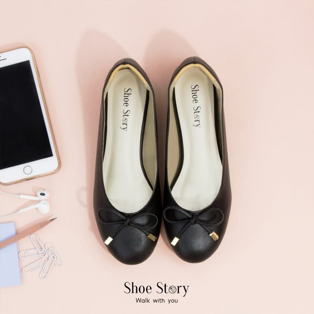 Shoe Story : รุ่น Mori(หัวมน) รองเท้าผู้หญิง รองเท้าคัทชู รองเท้าส้นแบน หนังนิ่ม ใส่สบาย สีดํา สีสุภาพ