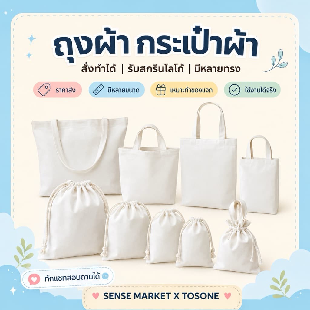 !!️พร้อมส่ง!!️ ถุงผ้า กระเป๋าผ้าลดโลกร้อน ราคาถูก ราคาส่งทุกใบ ไม่มีขั้นต่ํา