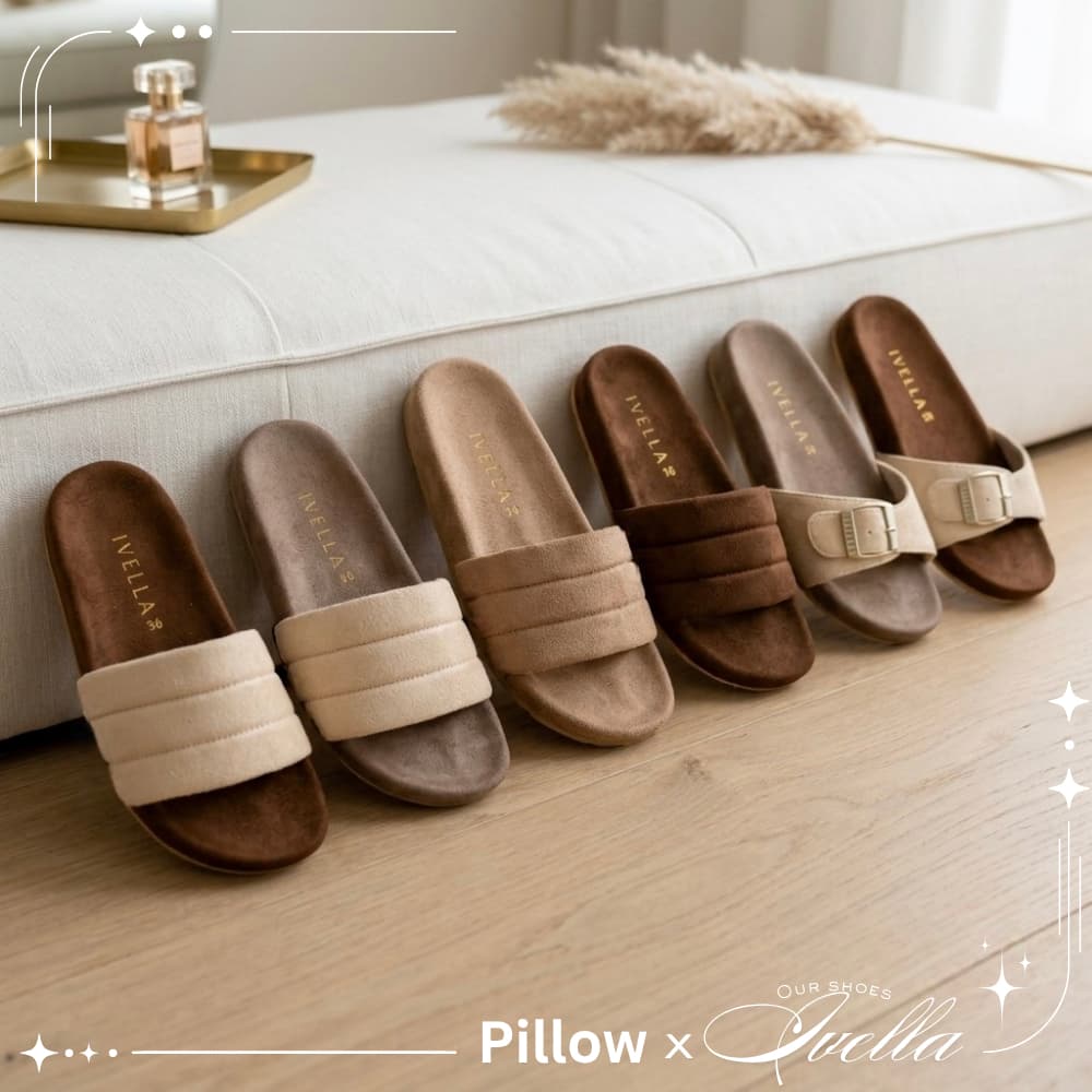 รองเท้าแตะ IVELLA รุ่น pillow พื้นนุ่ม แบบสวม หนังกลับ สไตล์มินิมอล มีซับใส่สบาย รองเท้าผู้หญิง