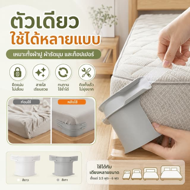 ที่รัดผ้าปูที่นอน คลิปล็อกผ้าปูเตียง ตัวกันผ้าปูหลุด ติดตั้งง่าย ไม่ต้องเจาะ ใช้ซ้ําได้ 2สี
