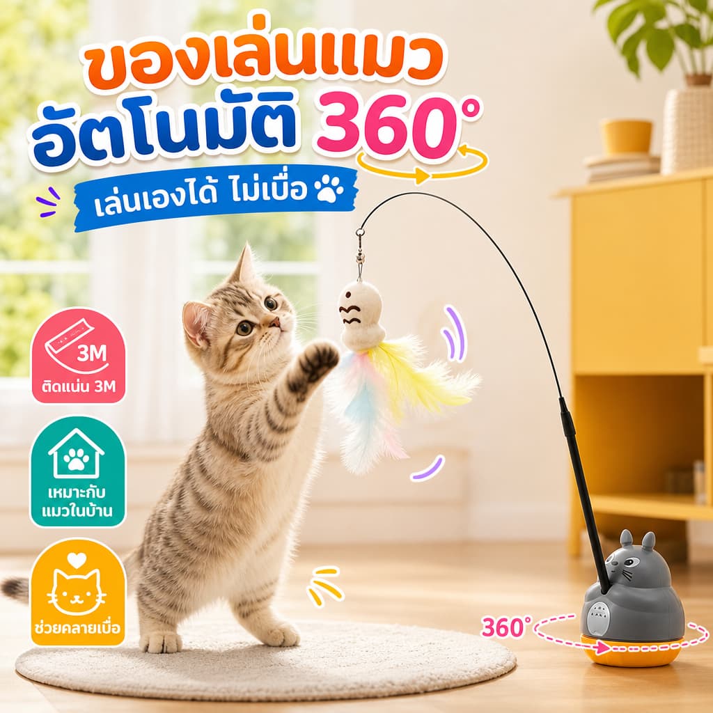 PETBABAY ของเล่นแมวอัตโนมัติ ไม้ล่อแมว หมุนได้ 360° ฐานติดแน่น 3M เล่นเองได้ แมวเล่นต่อเนื่อง