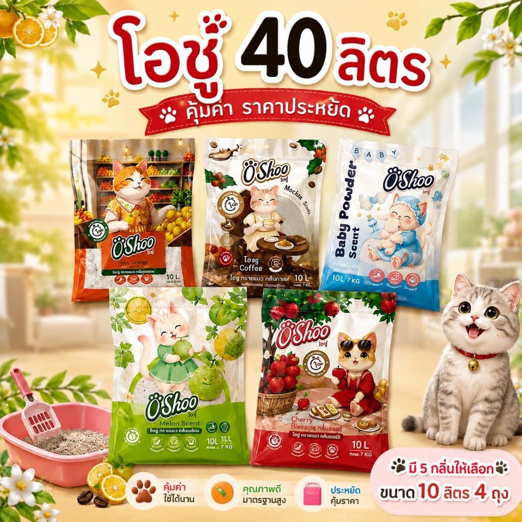 โอชู่ทรายเเมอนามัยชนิดเบนโทไนต์ขนาด40ลิตร(10ลิตร4ถุง)กลิ่นหอมอ่อนๆมี5กลิ่นให้เลือก