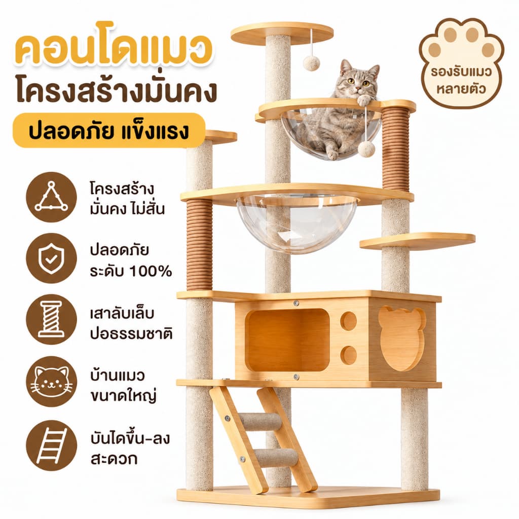 L&Q คอนโดแมว 3 in 1 คอนโดไม้แมว145cm บ้านแมวใหญ่ ของเล่นแมว เหมาะกับแมวหลายตัว ปีน-นอน-เล่น