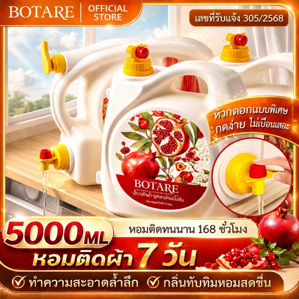 Botare ผลิตภัณฑ์ซักผ้ากลิ่นทับทิม หอมยาวนาน ทําความสะอาดล้ําลึก 1ขวด 5000ml