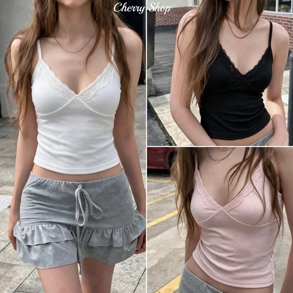 cherryshop พร้อมส่ง เสื้อผ้าผู้หญิง เสื้อกล้ามคอวี ละมุนผิว ทันสมัย รัดรูป