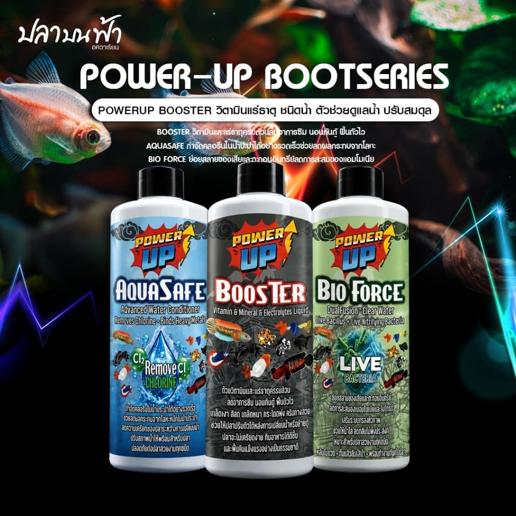 PowerUp Booster วิตามิน, Bio Force แบคทีเรีย และ AquaSafe น้ํายาลดคลอรีน สําหรับปลาบอลลูน ปลาช่อน และปลาสวยงาม