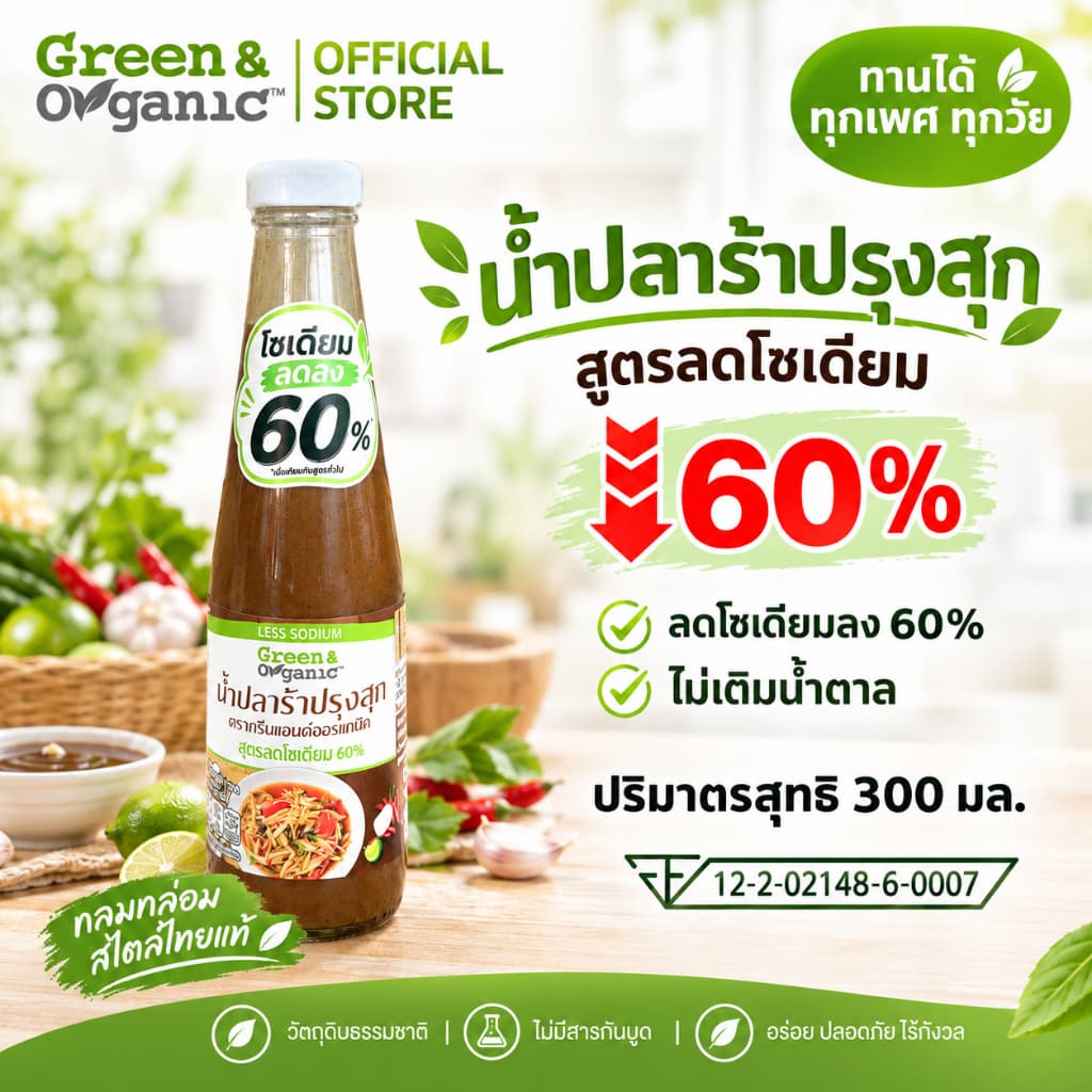 Green&Organic น้ําปลาร้าปรุงสุก โซเดียมต่ํา 60% ขวด 300ml ปลาร้าคลีน ไม่มีผงชูรส ต้มสุกปลอดภัย ทําส้มตํา ยํา…