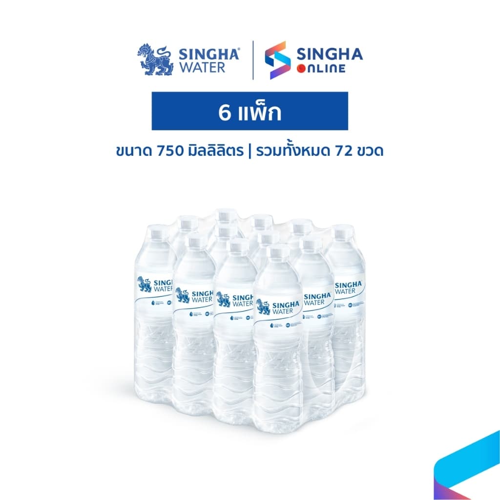 น้ําดื่มสิงห์ 750 มล. จํานวน 6 แพ็ก รวม 72 ขวด