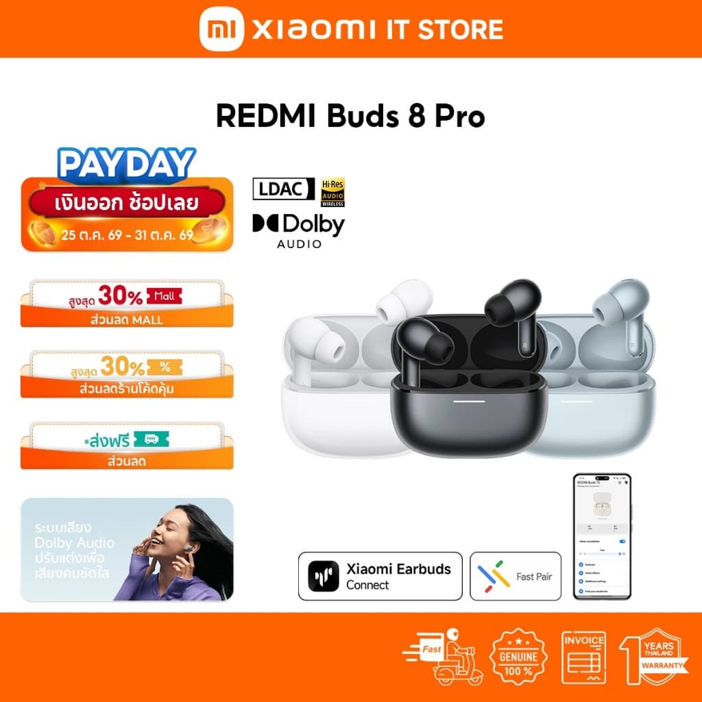 Xiaomi REDMI Buds 8 Pro หูฟังบลูทูธ | Dolby Audio | ระบบไดรเวอร์ 3 ตัวแบบโคแอกเซียล | ตัดเสียงรบกวนลึก