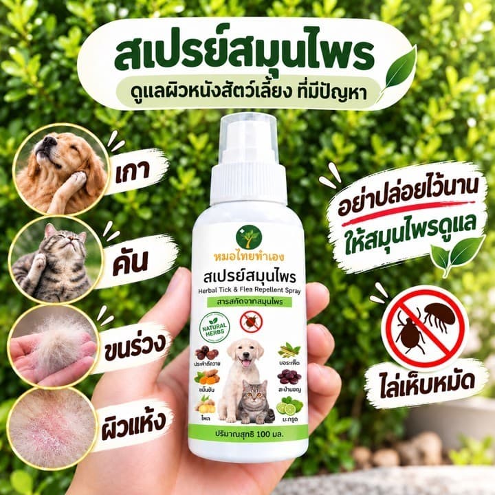 หมอไทยทําเอง สเปรย์ดูแลผิวหนังสัตว์เลี้ยง ที่มีปัญหา สูตรสมุนไพร สําหรับสุนัข แมว 100 ml.
