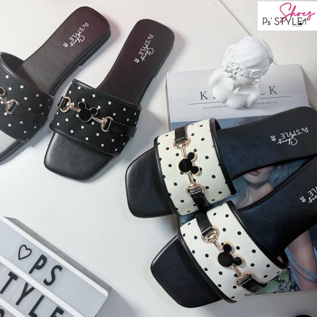 รองเท้าแตะส้นแบน ลาย Polkadot แต่งสายคาดกลาง mk ขนาด 36-45 เท้าอวบบาน+1 พร้อมส่ง