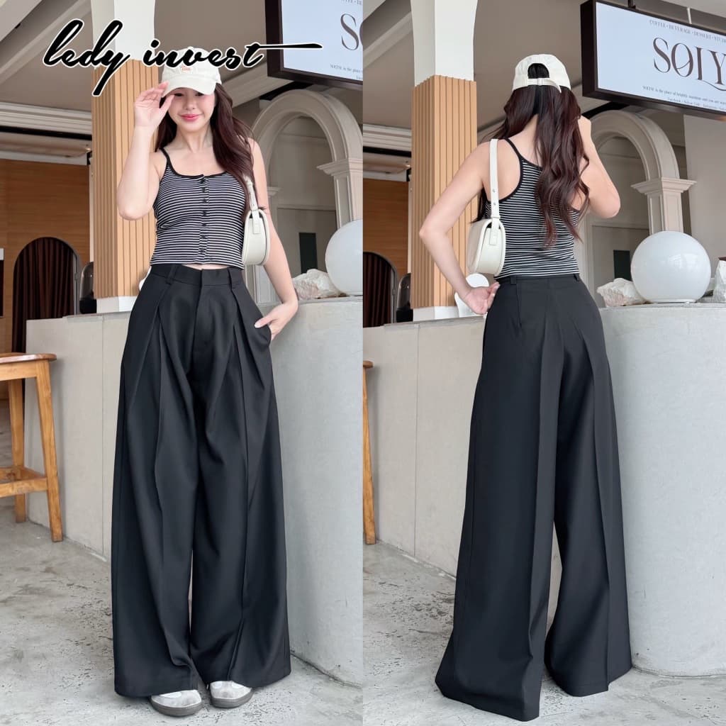 Old Money Pants กางเกงขากระบอกใหญ่ ผ้าทอลายพิเศษ จับจีบไขว้ กางเกงทํางาน ผู้หญิง ใส่เที่ยวได้ LT38