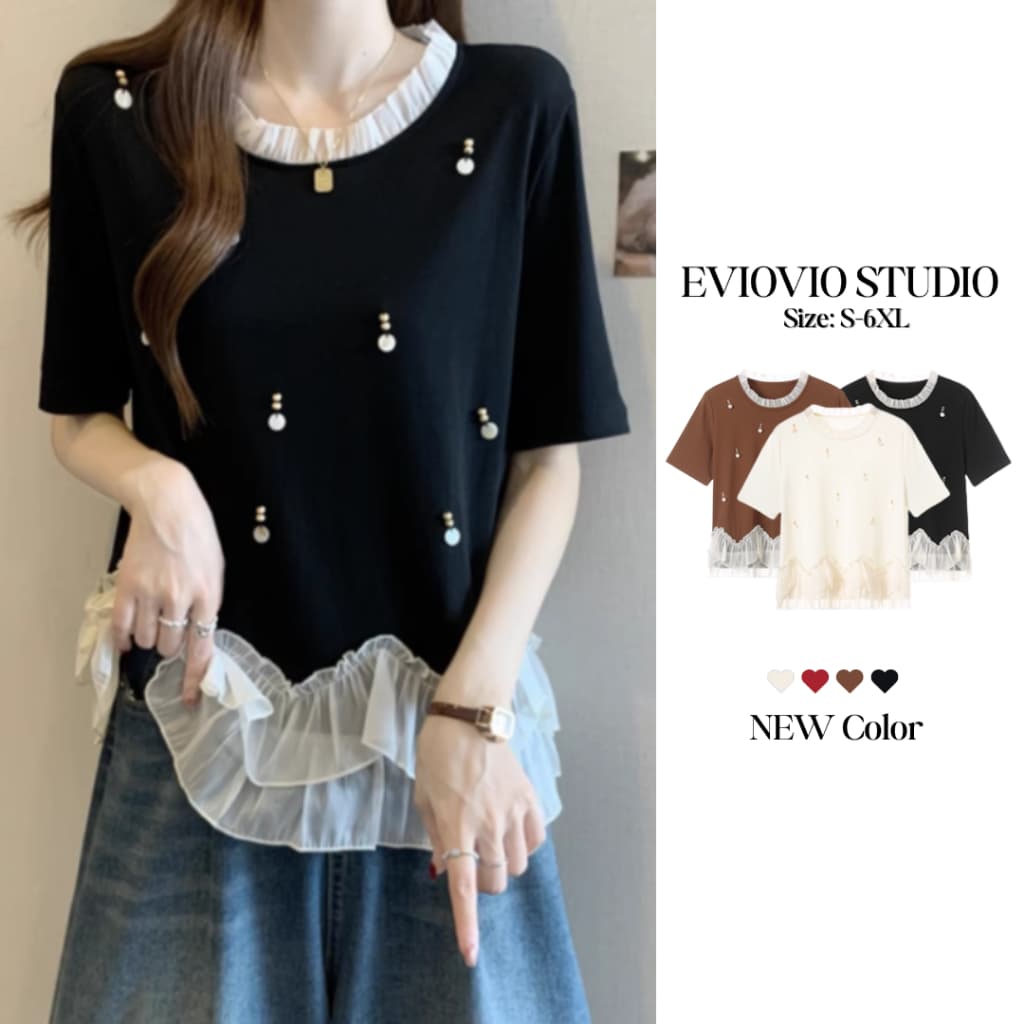 S-6XL เสื้อแขนสั้น ดีไซน์ระบายลูกไม้คอและชายเสื้อ สไตล์กาหลี ปักไข่มุก ใส่สบาย แมทช์ง่าย
