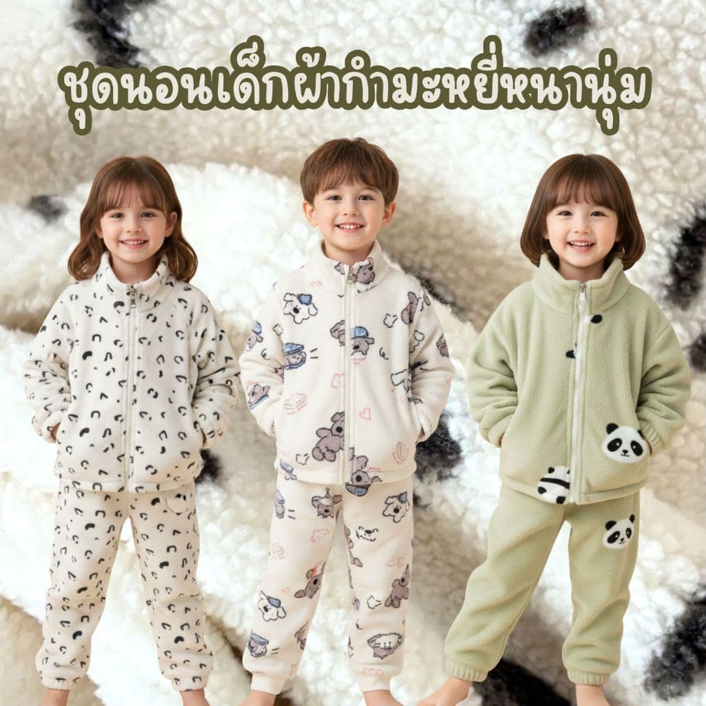MooDeng Baby ชุดเซต กันหนาว เสื้อแขนยาว กางเกงขายาว ผ้าหนา นุ่ม กํามะหยี่ 2ทั้งด้าน ลายน่ารัก มีซิป คอตั้ง