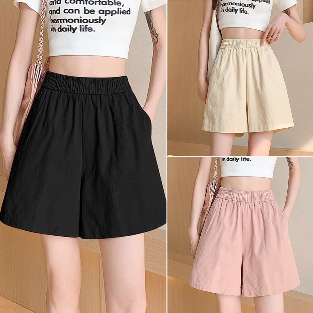Bella Shop กางเกงขาสั้น กางเกง ขาสั้น ผู้หญิงแฟชั่น ลําลองทรงหลวม สีพื้น สไตล์เกาหลี เอวยางยืด น่ารัก