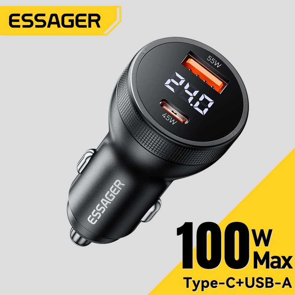 Essager ที่ชาร์จแบตในรถเร็ว 100W USB A Type C PD Digital Display Adapter สําหรับโทรศัพท์