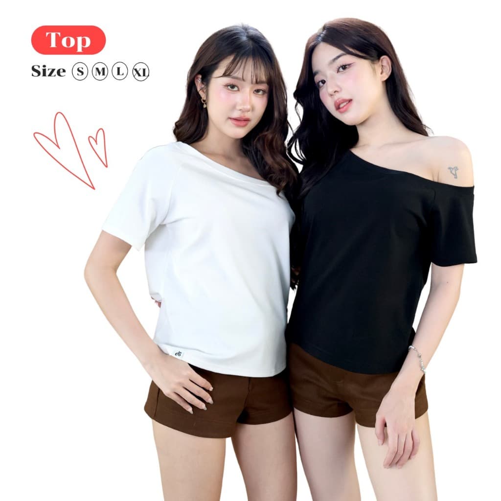 JARINYA (S-XL) เสื้อปาดไหล่ Oversize แขนสั้นสีพื้น