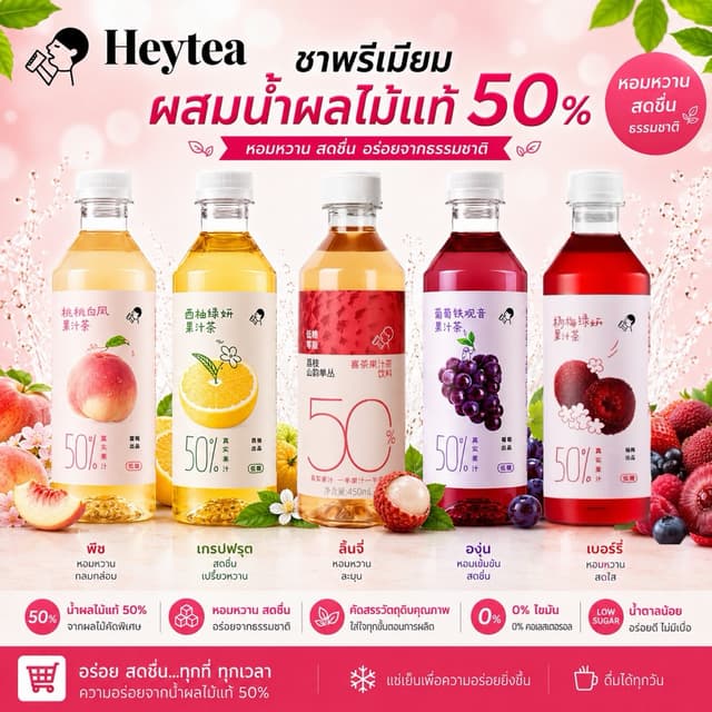 HEYTEA ชาผลไม้ชื่อดัง หอมผลไม้แท้และใบชา อร่อย หวานกลมกล่อมกําลังดี ขนาด450ml.
