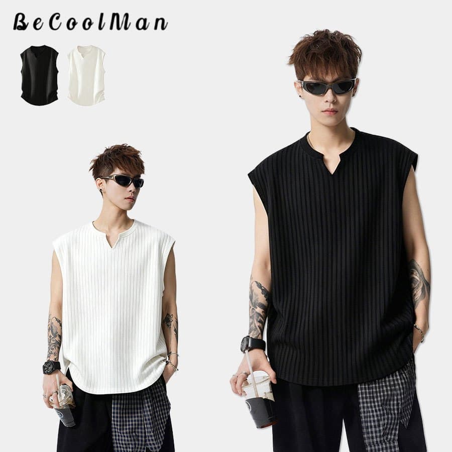 💥BecoolMan💥เสื้อยืดฤดูร้อน ผ้าลายริ้ว คอวี รุ่นบาง แขนกุด เย็น ระบายอากาศได้ดี หลวมสบาย…