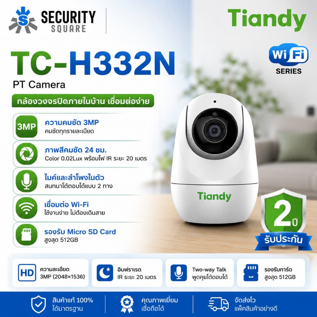 Tiandy กล้องวงจรปิดไร้สาย Wi-Fi อัจฉริยะ 3 MP รุ่น TC-H332N ภาพสีคมชัด มีไมค์ คุยโต้ตอบได้ ระบบติดตามมนุษย์…