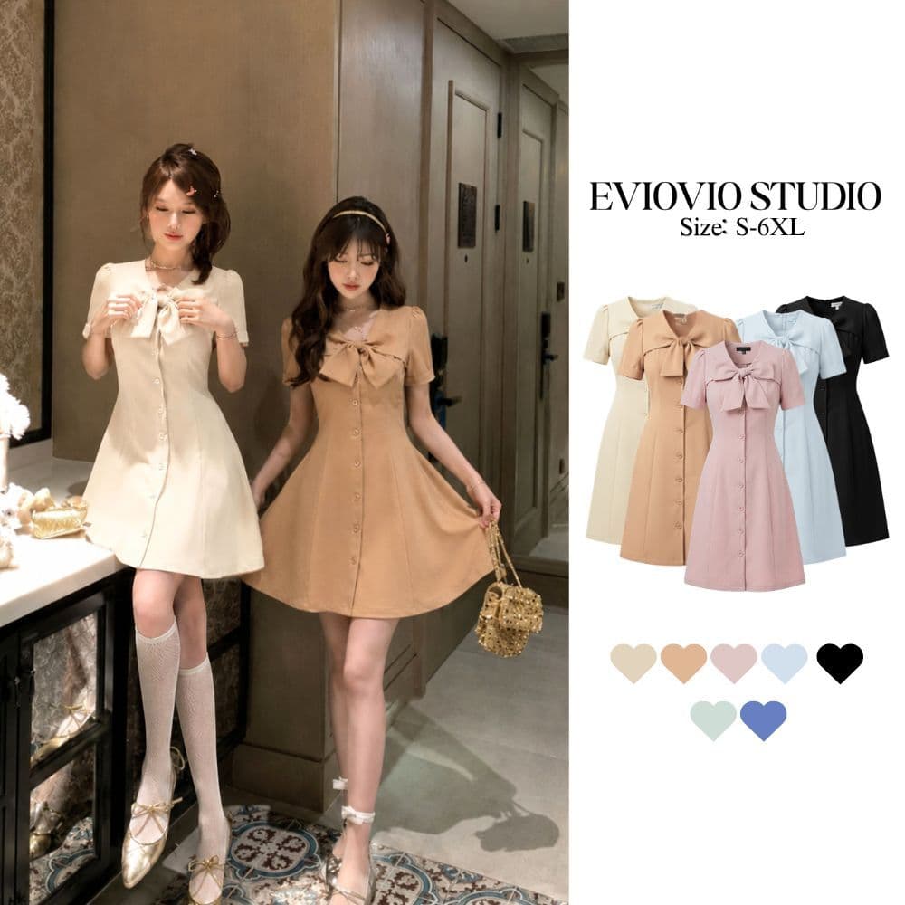 เติมสต๊อกแล้ว❗【EVIOVIO】S-6XL🚚 จัดส่งในไทย เดรสสไตล์มินิมอลผูกโบว์ที่คอ ทรงเอพรางหุ่นได้ดี ชุดไปคาเฟ่…