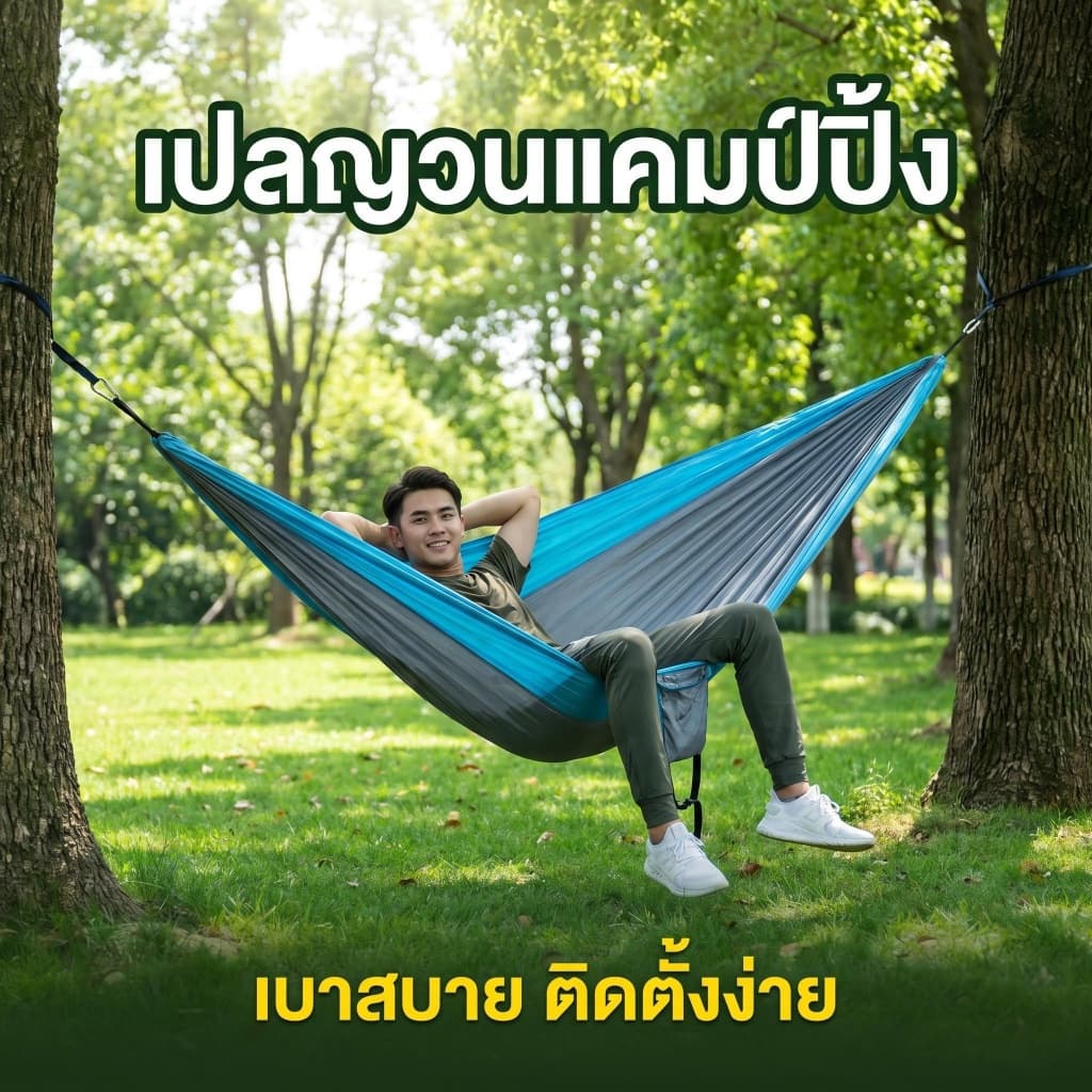 เตียงแขวนกลางแจ้งสําหรับ 1 คน ผ้าไนลอน เปลญวน สําหรับตั้งแคมป์และใช้งานกลางแจ้ง เปลญวนพักผ่อน พื้นที่นั่งสบาย…
