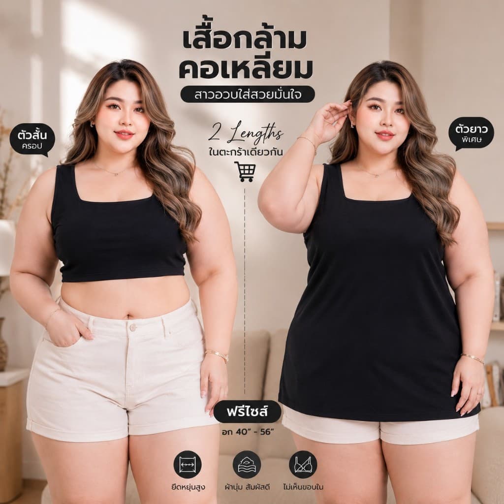 เสื้อกล้ามสาวอวบ เสื้อครอปไซส์ใหญ่ เสื้อครอป ผ้าร่องนุ่ม Super Soft มีแบบสั้น และแบบยาว อก 40-56“ A298/A367