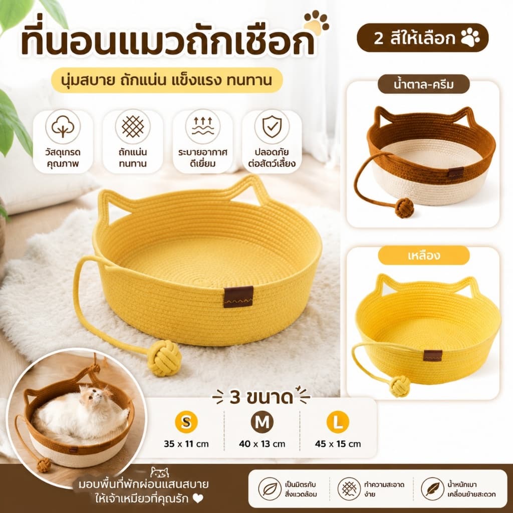 ที่นอนแมว เบาะแมวถักนุ่ม ระบายอากาศดี เบาะนอนแมวซักได้ ขนาด S M L ที่นอนสัตว์เลี้ยง ดีไซน์น่ารัก…