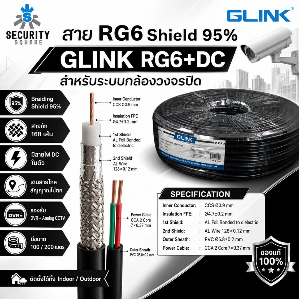 สายกล้องวงจรปิด RG6 GLINK มีสายไฟเลี้ยง (Power Line) Shield 95% สําหรับภายนอกและภายใน สาย CCTV คุณภาพสูง…