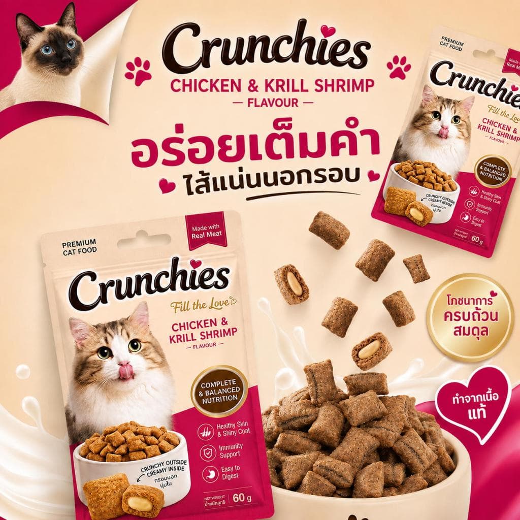 Crunchies ขนมแมว ขนมว่างแมว พัฟกรอบนอก นุ่มใน ประโยชน์เต็มเม็ด อร่อยเต็มคํา เหมาะแมวทุกวัย ขนาด60กรัม พร้อมส่ง