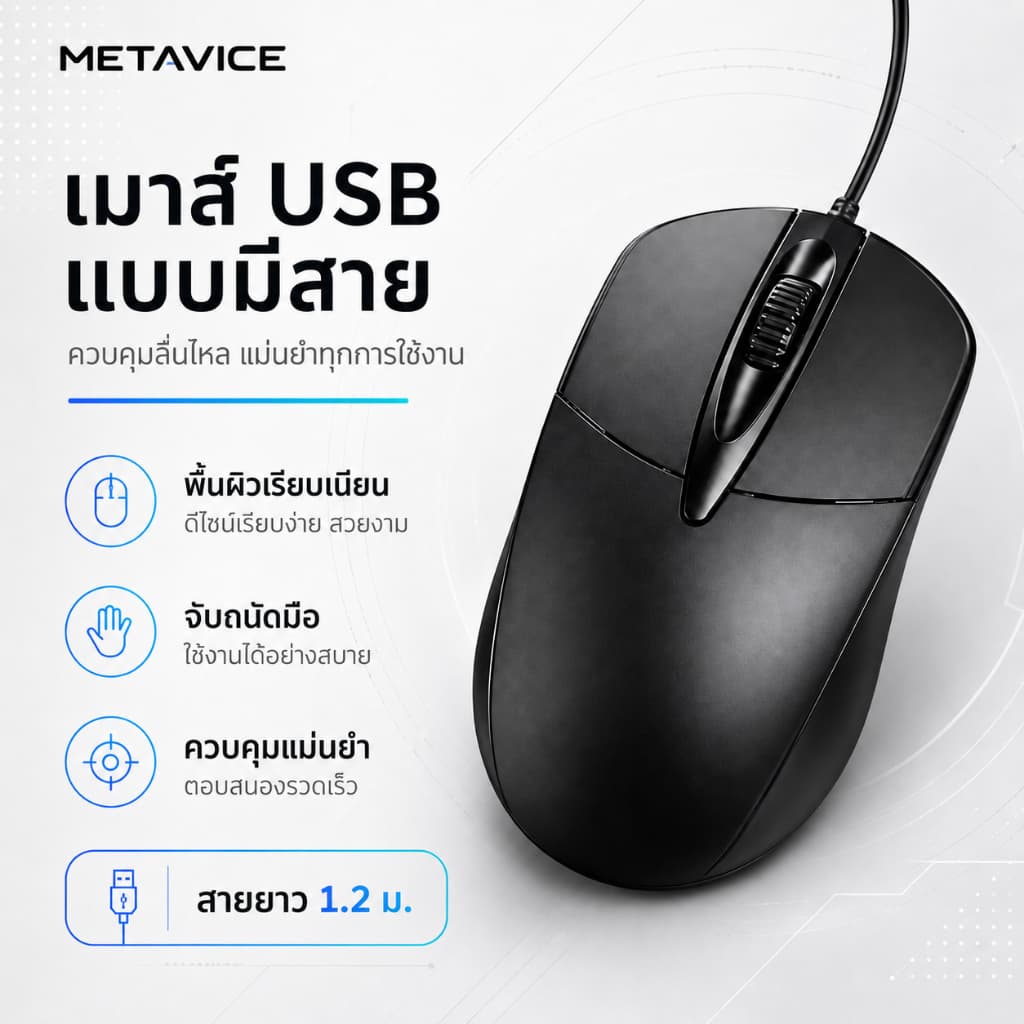 Metavice เมาส์มีสาย USB สําหรับทํางาน ใช้กับโน้ตบุ๊ค/คอมตั้งโต๊ะ ได้ทุกเครื่อง ใช้ในบ้าน ราคาถูก คุ้มค่า ME021