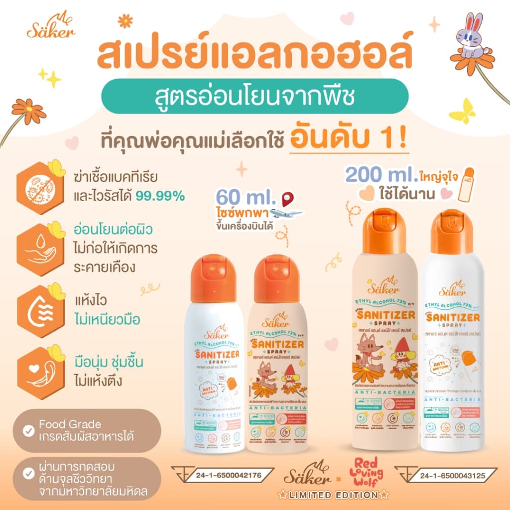Saker สเปรย์แอลกอฮอล์จากพืชธรรมชาติ ฟู้ดเกรด เกรดสัมผัสอาหารได้ มาตรฐานญี่ปุ่นอันดับ1