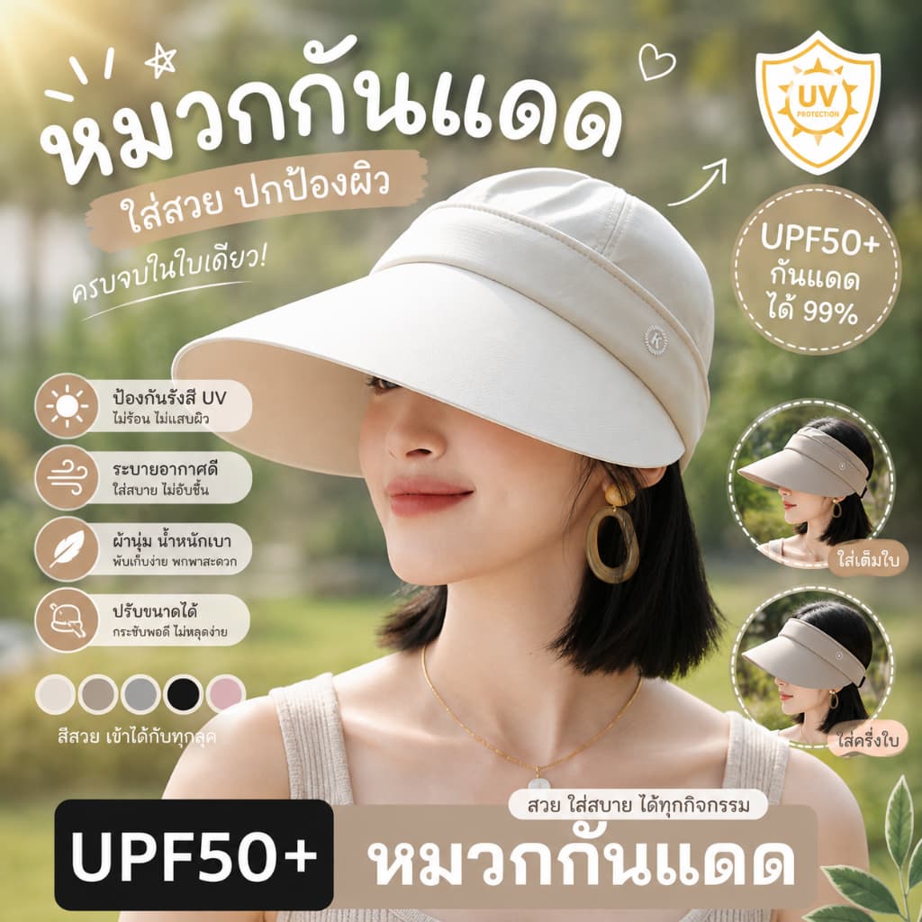 หมวกกันยูวี แคดดี้ปีกกว้าง ใส่ครึ่งใบได้ UV Protection Hat ปรับรอบหมวกได้ ปีกกว้าง 13.5 CM รุ่น K