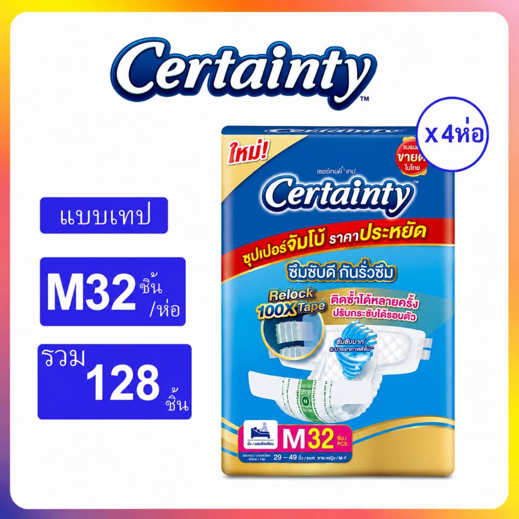 Certainty ผ้าอ้อมผู้ใหญ่ เซอร์เทนตี้แบบเทป ห่อใหญ่จัมโบ้ ไซส์ M-L(ขายยกลัง4แพค)