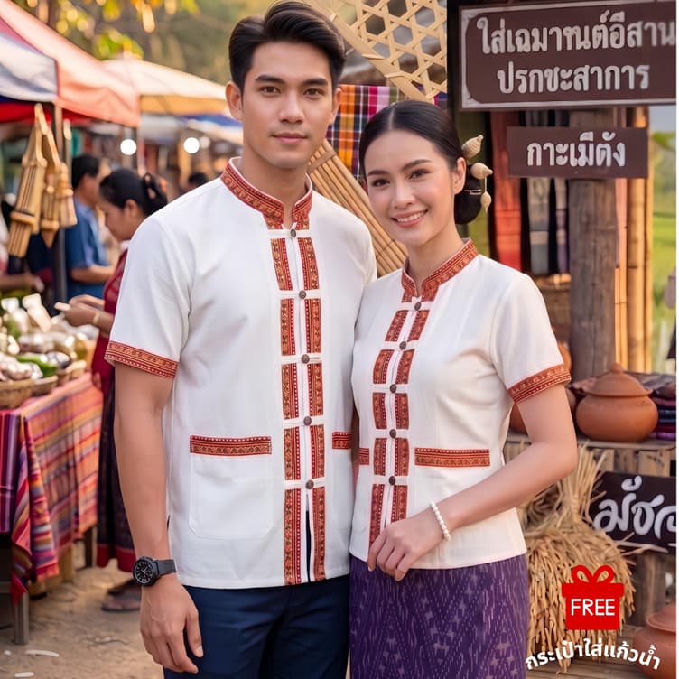 เสื้อพื้นเมืองภูไทชายและหญิงแขนสั้น ผ้าฝ้ายเกรดA เนื้อนุ่มใส่สบาย แถมฟรีกระเป๋าใส่แก้วน้ํา!!