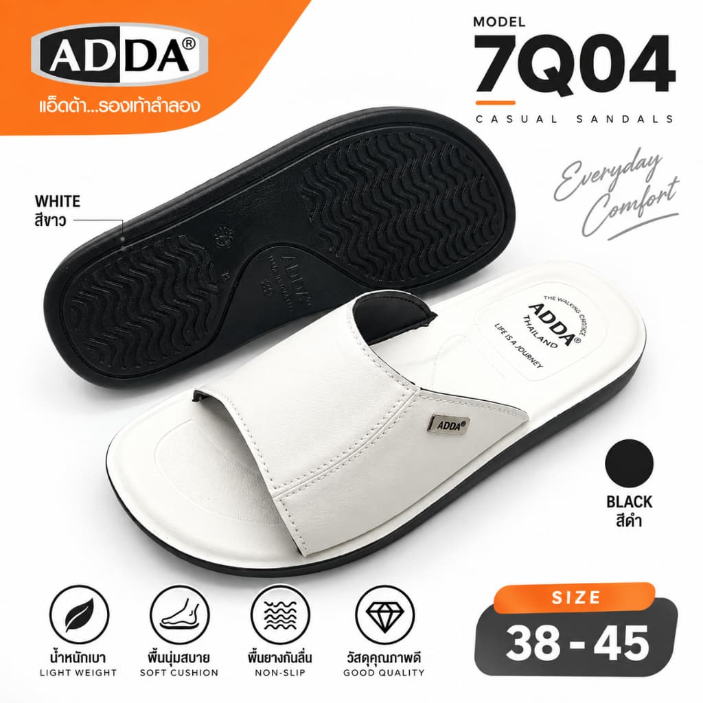 ADDA รองเท้าแตะสวมพื้น PU รุ่น 7Q04 สีดํา ขาว ไซส์ 38-45