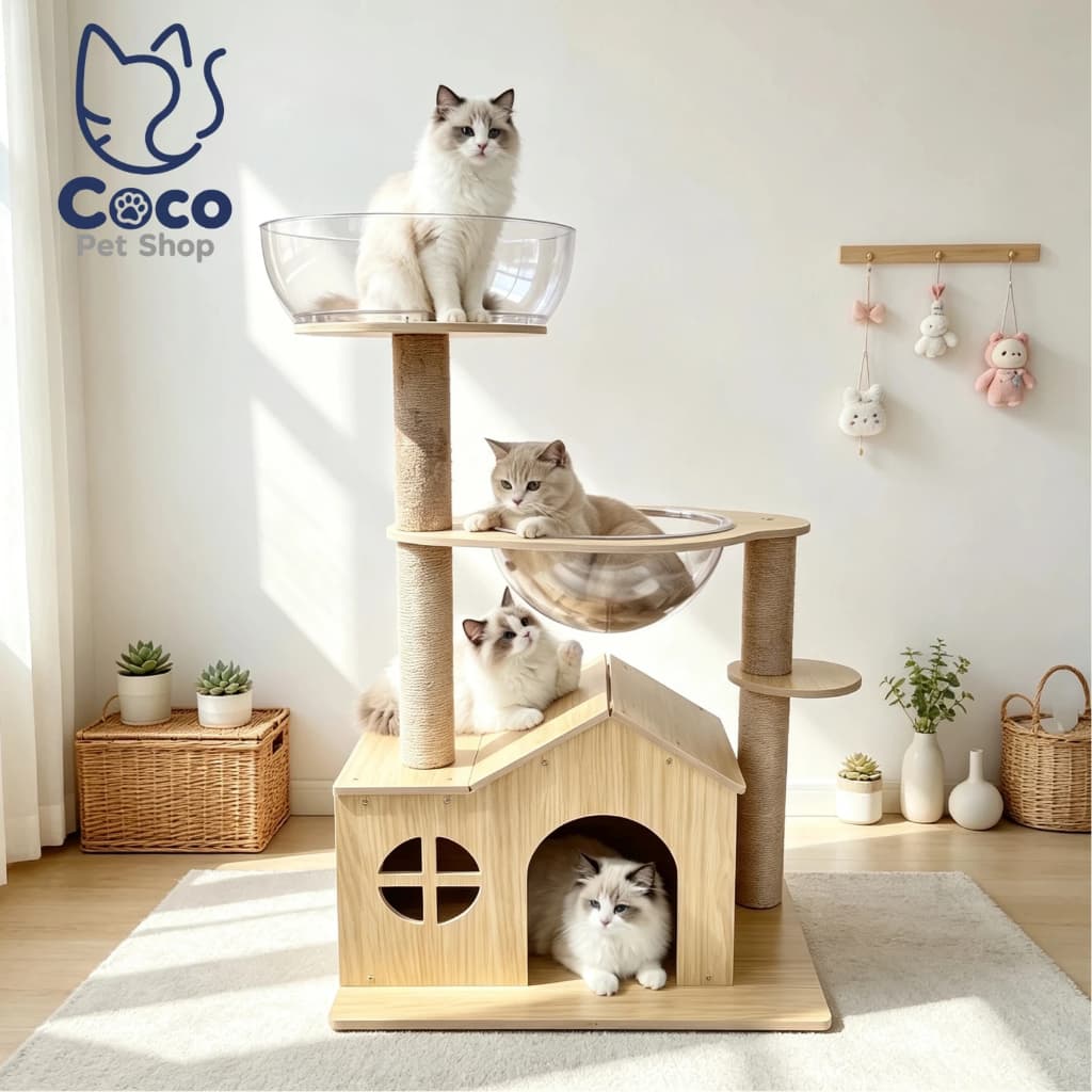 CocoPet คอนโดแมวหลุมอวกาศ ขนาดใหญ่ เตียงนอนแมว ที่ลับเล็บแมว ตู้ปีนไม้แมว อุปกรณ์แมว วัสดุปลอดภัย ทนทาน