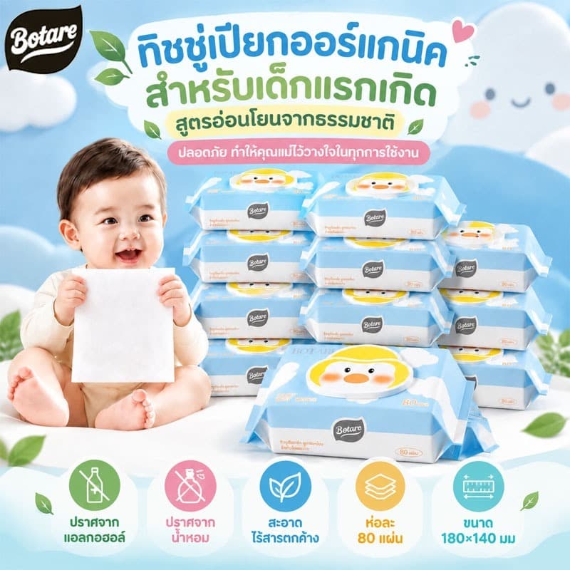 Botare ทิชชู่เปียก เด็กแรกเกิด ออแกนิค ไม่มีแอลกอฮอล์ 80 แผ่น สูตรน้ําบริสุทธิ์ ขนาดใหญ่ 180×140 มม ปลอดภัย…