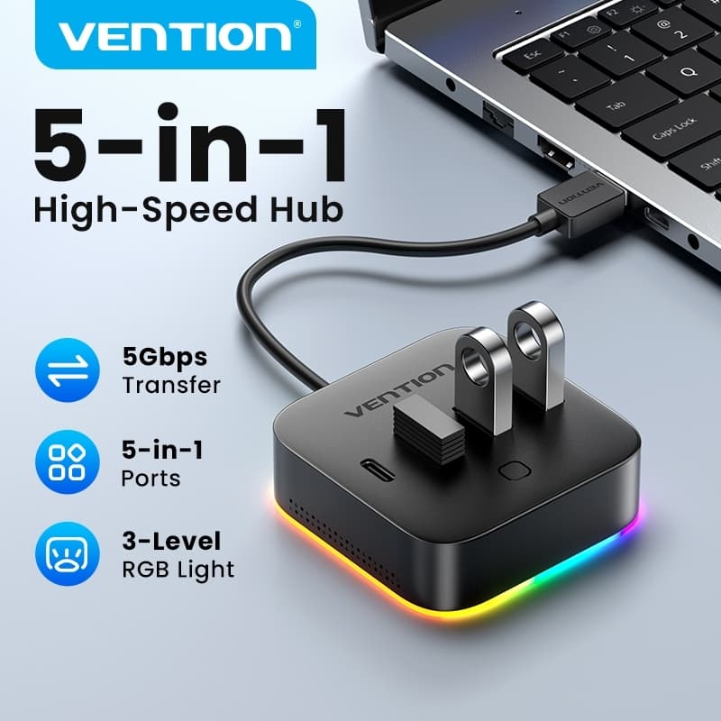 Vention ฮับ USB-C 5 in 1 4 พอร์ต 5Gbps ไฟ RGB 3 โหมด พกพา ใช้ได้กับ แล็ปท็อป แท็บเล็ต สมาร์ทโฟน พีซี…