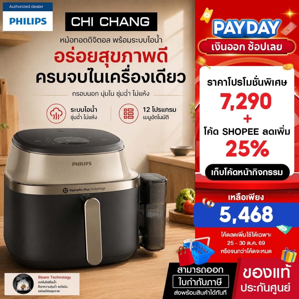 Philips NA543/00 หม้อทอดดิจิตอล พร้อมระบบไอน้ํา 7.2 ลิตร สี Black Watch