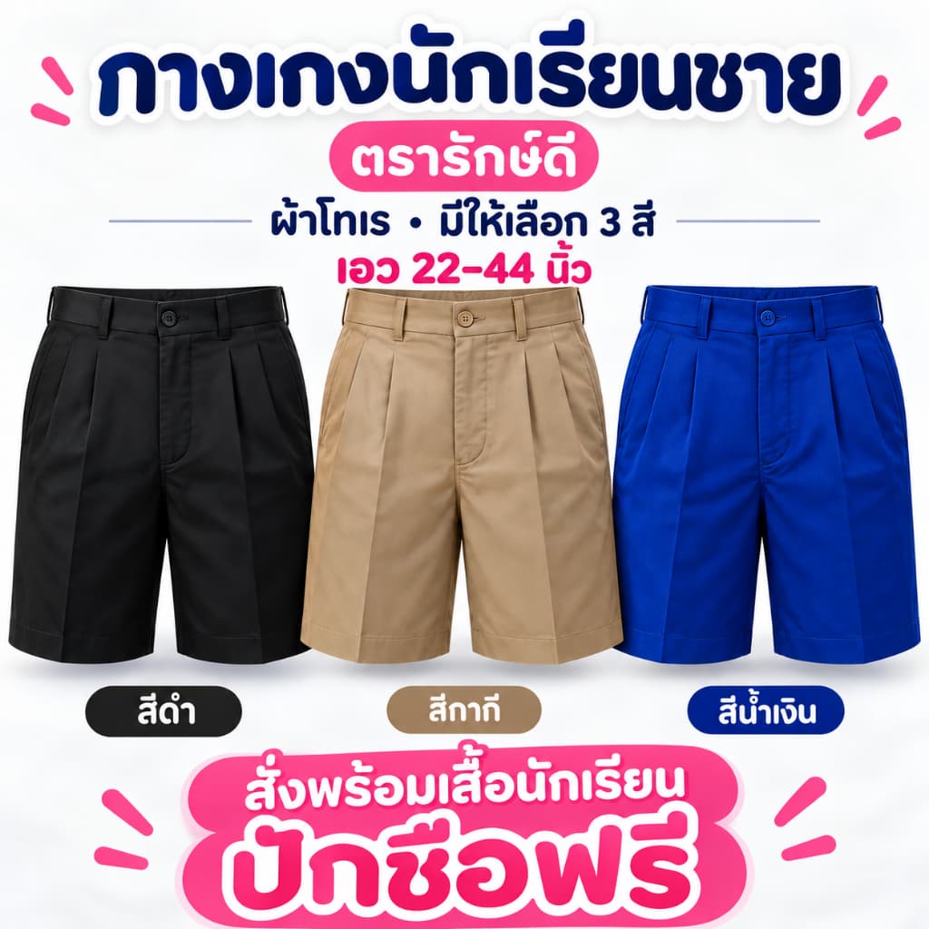 กางเกงนักเรียนชาย กางเกงนักเรียน ประถม มัธยม สีกากี สีดํา สีน้ําเงิน เนื้อผ้าโทเร ตรารักษ์ดี เอว22-44 นิ้ว
